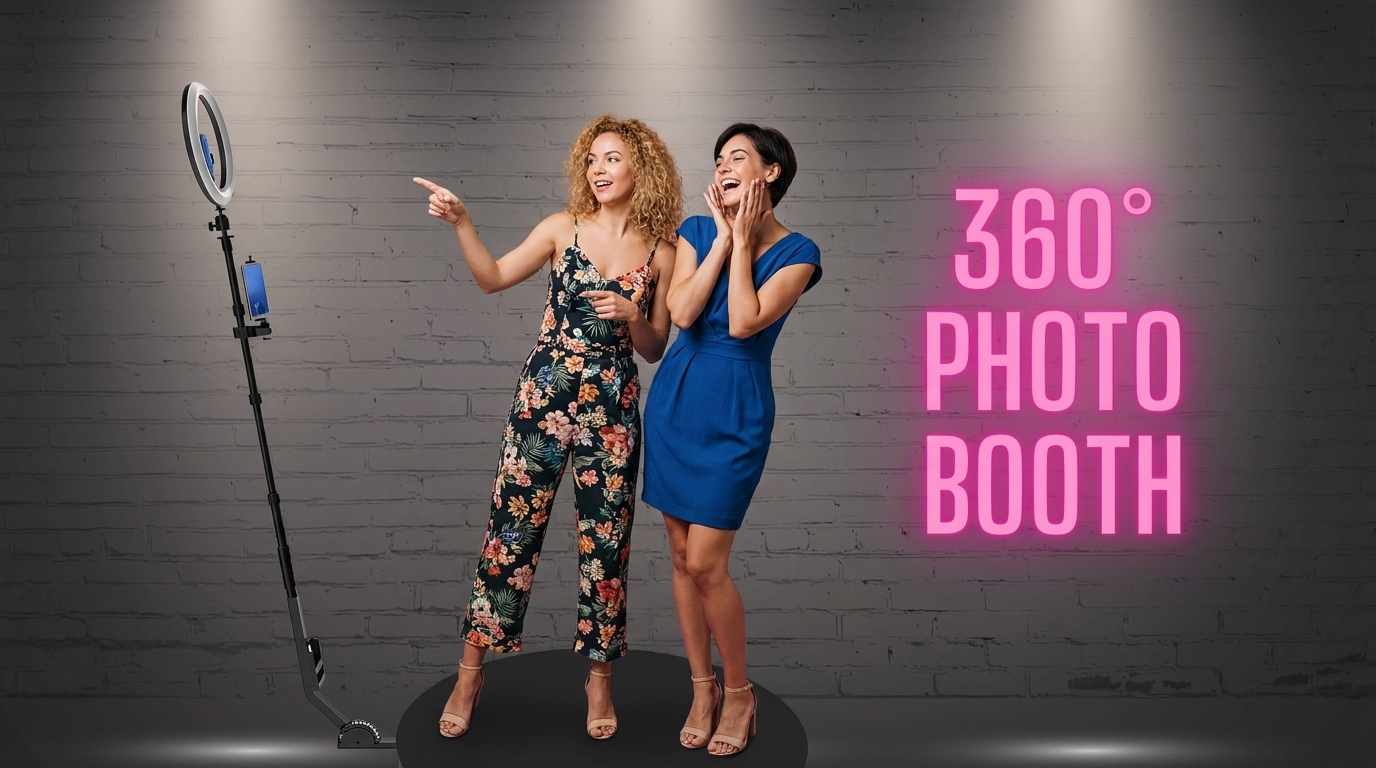 360° Photo Booth mit Gästen auf der Drehscheibe und professionellem Ringlicht